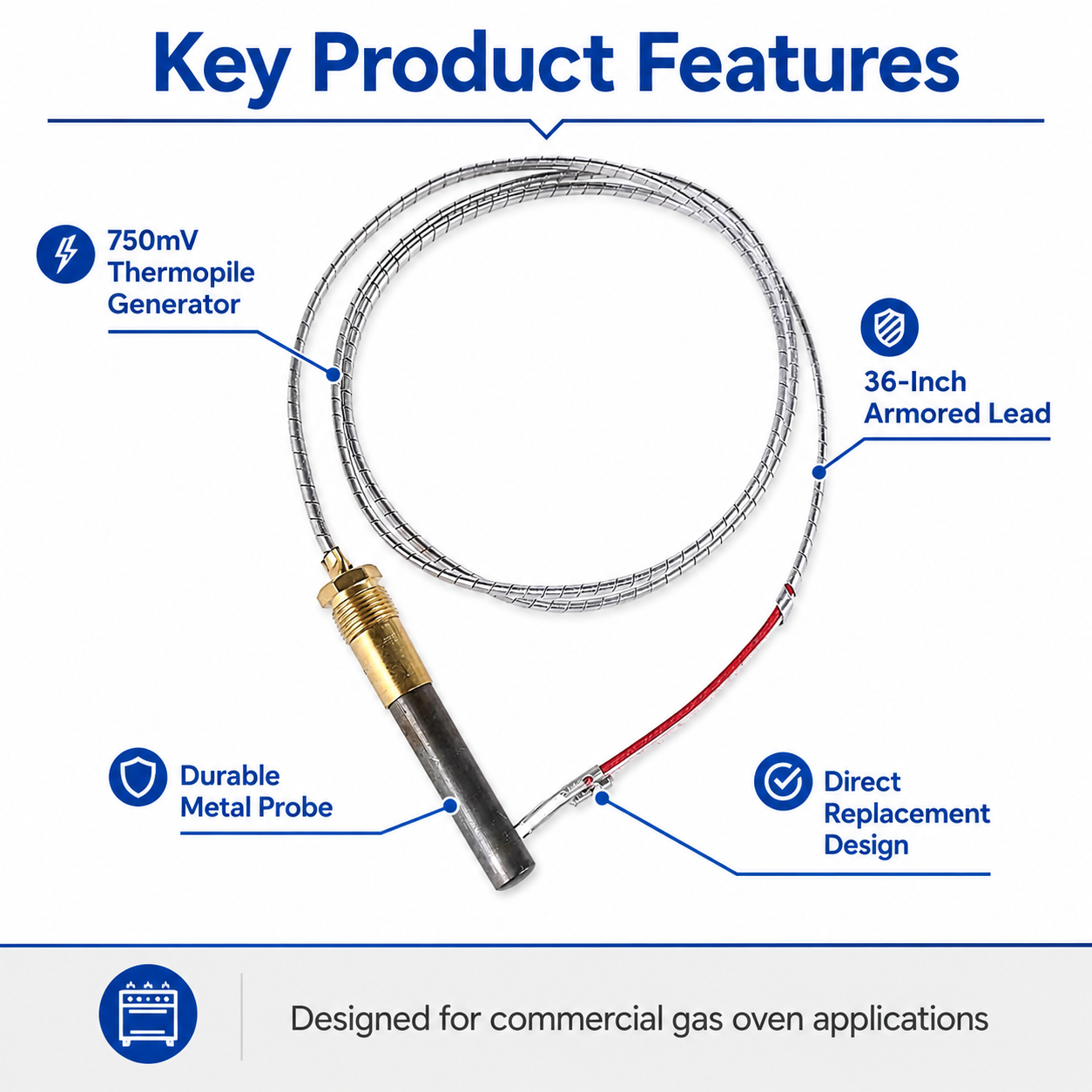 750mV Thermopile Compatible with Bakers Pride Y600 Y800, Replaces 101-307 Q313 M1265X, 36"