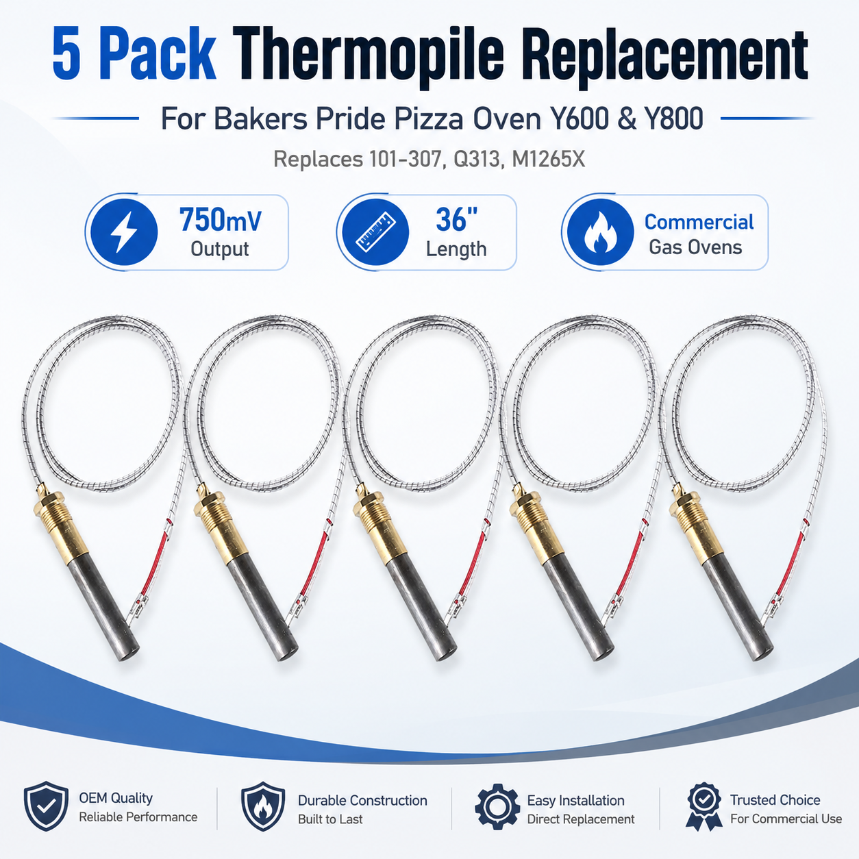 5 Pack Thermopile for Bakers Pride Pizza Oven Y600 Y800 101-307