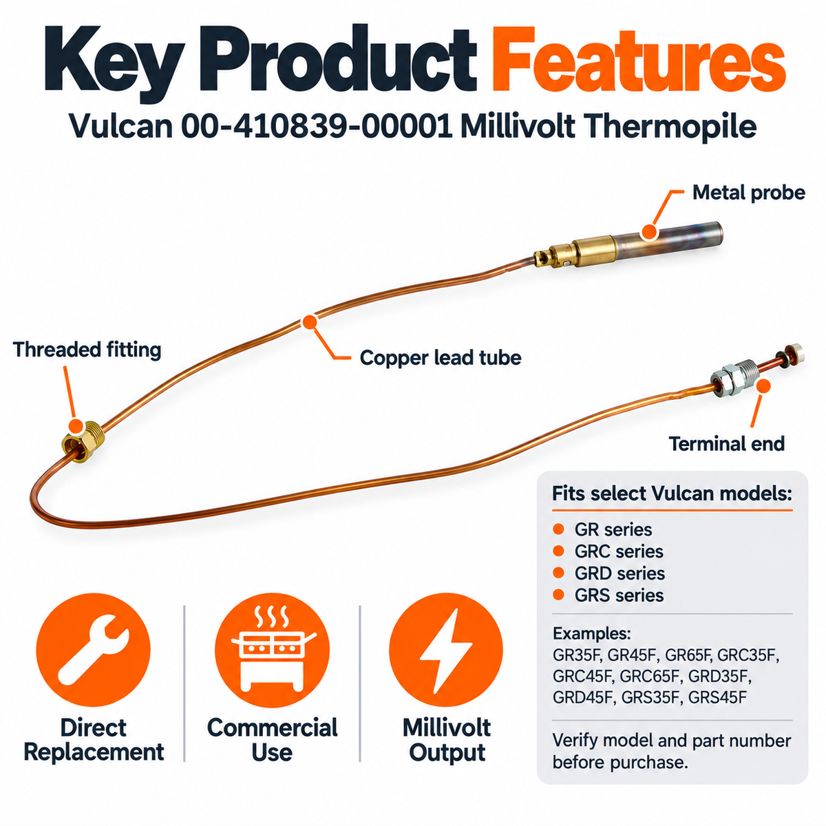 Vulcan 00-410839-00001 Millivolt Thermopile Replacement for GR GRC GRD GRS Fryers