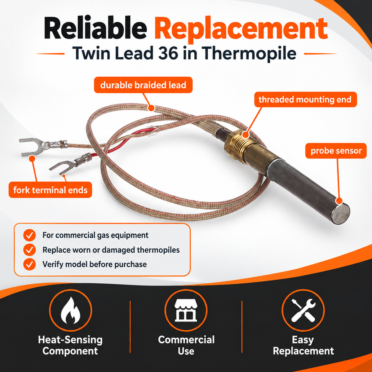 Entrée 400043-1 Thermopile Twin Lead 36" Replacement Part for Commercial Equipment