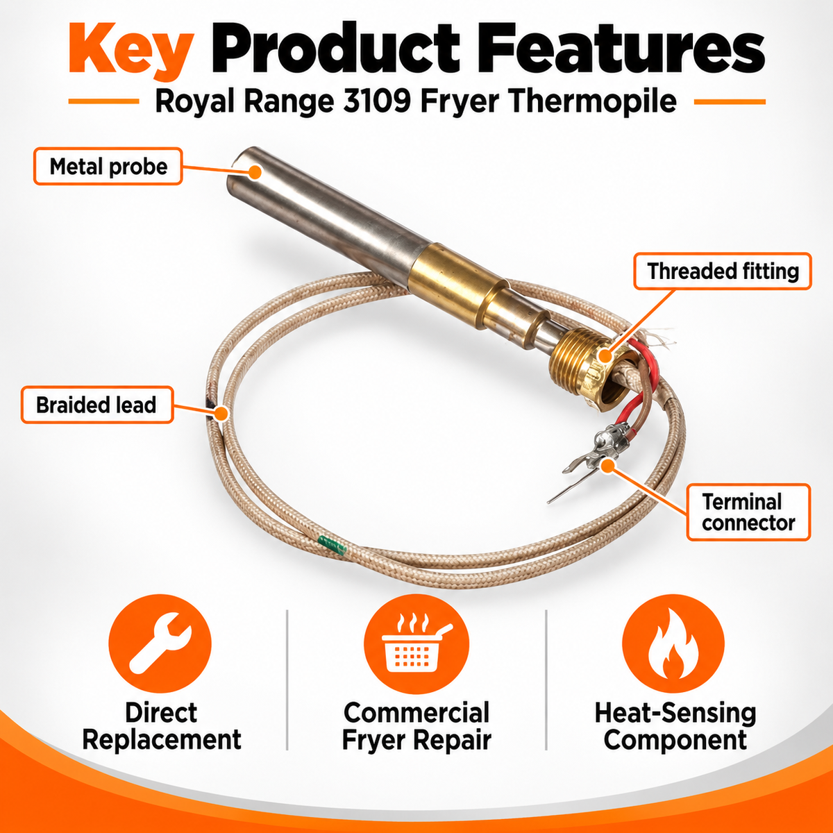 Royal Range 3109 Fryer Thermopile Replacement for RCF-25 RFS-40 RFT-50 RFT-60 RFT-75