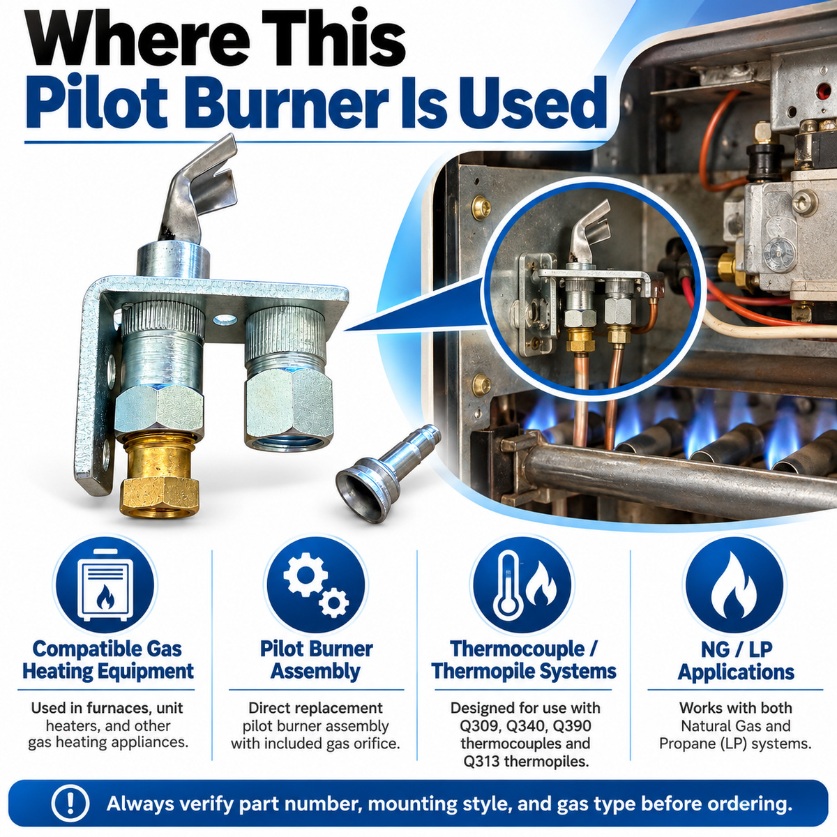 Pilot Burner Q314A4586 for Natural Gas & Propane – Compatible with Q309, Q340, Q390 Thermocouples & Q313 Thermopiles