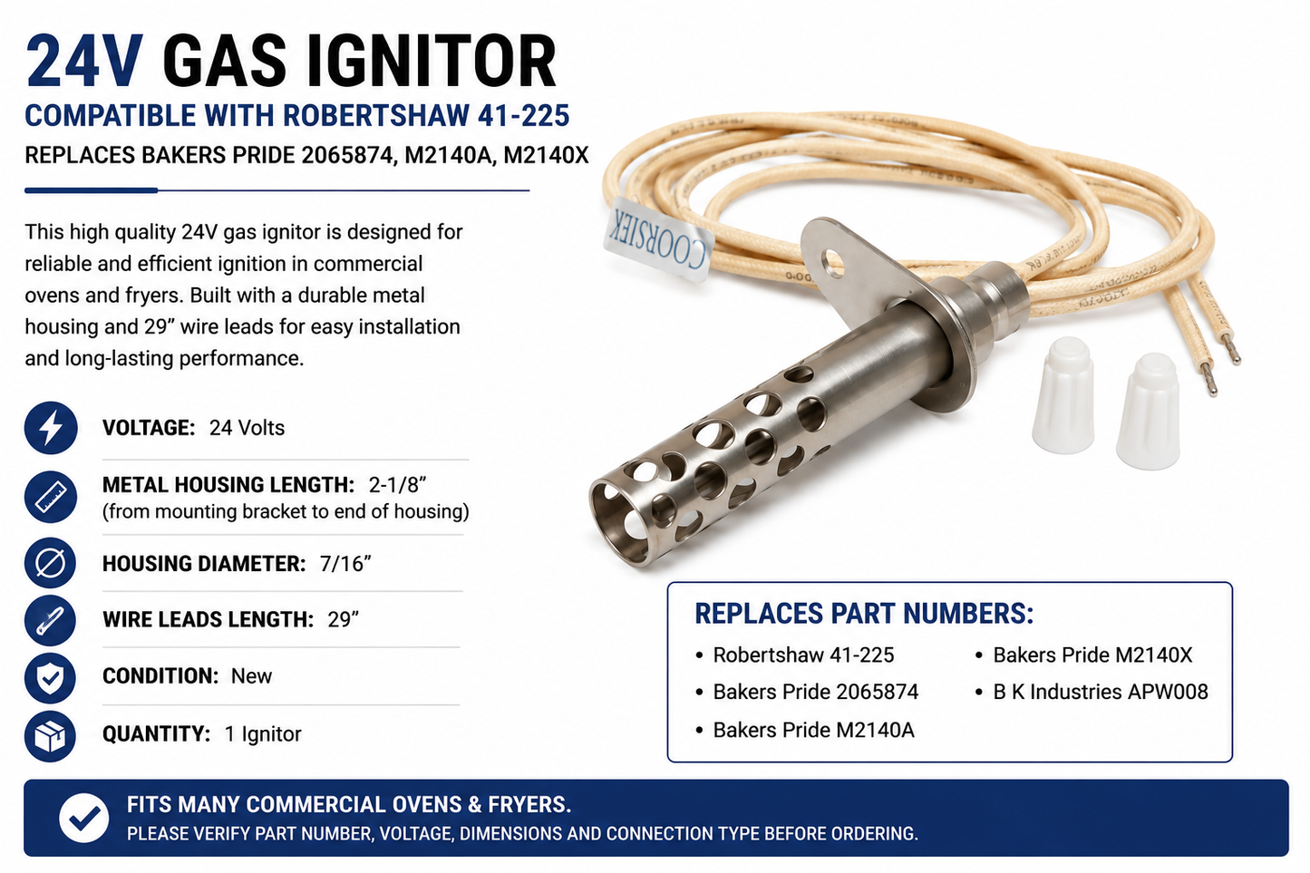 24V Gas Ignitor Compatible with Robertshaw 41-225, Replaces Bakers Pride 2065874, M2140A, M2140X