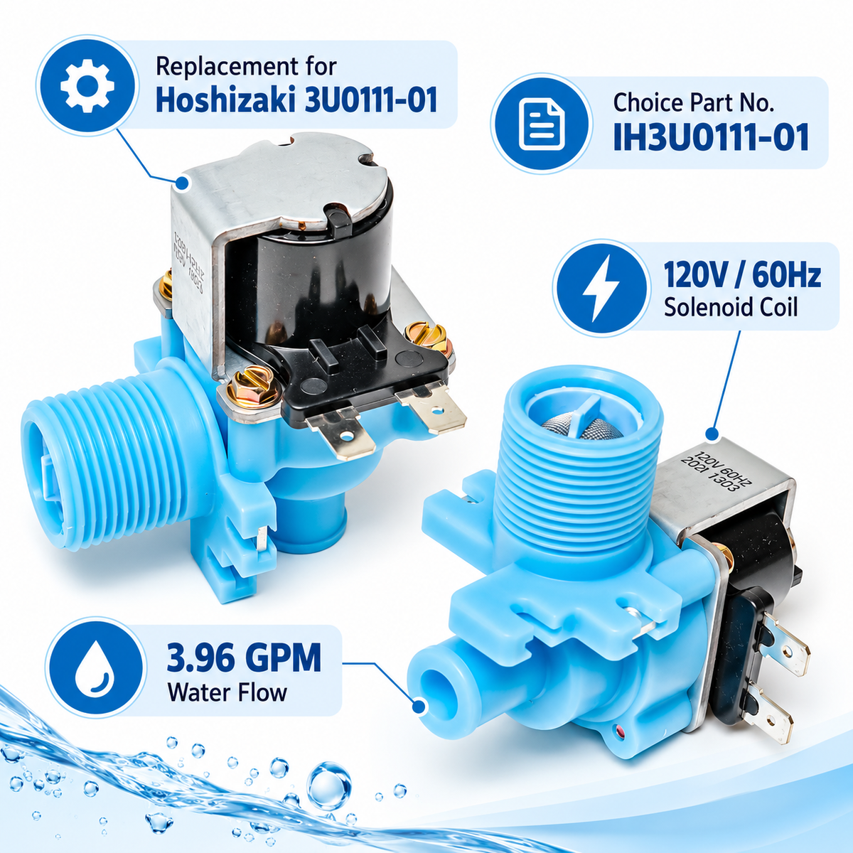 Ice Machine Water Inlet Solenoid Valve Compatible with Hoshizaki 3U0111-01, IH3U0111-01 Replacement, 120V 60Hz, 3.96 GPM, Garden Hose Inlet Connection