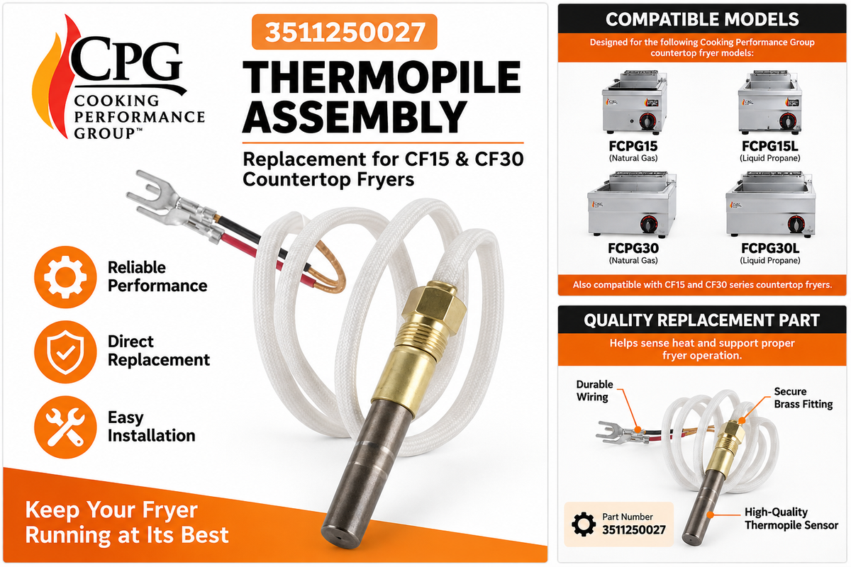 Cooking Performance Group 3511250027 Thermopile Assembly Replacement for CF15 CF30 FCPG15 FCPG15L FCPG30 FCPG30L Countertop Fryers