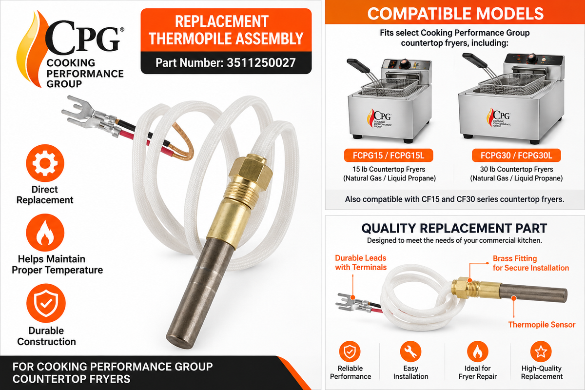 Cooking Performance Group 3511250027 Thermopile Assembly Replacement for CF15 CF30 FCPG15 FCPG15L FCPG30 FCPG30L Countertop Fryers