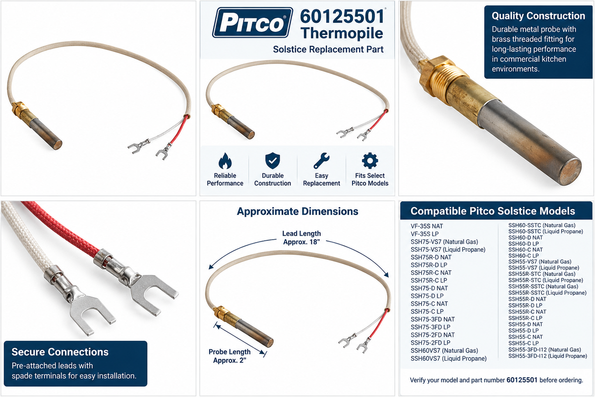 Pitco 60125501 Thermopile Solstice Replacement for SSH55 SSH60 SSH75 VF-35S Fryers