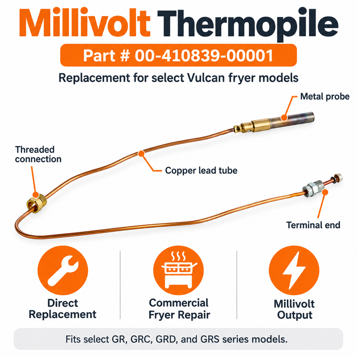 Vulcan 00-410839-00001 Millivolt Thermopile Replacement for GR GRC GRD GRS Fryers