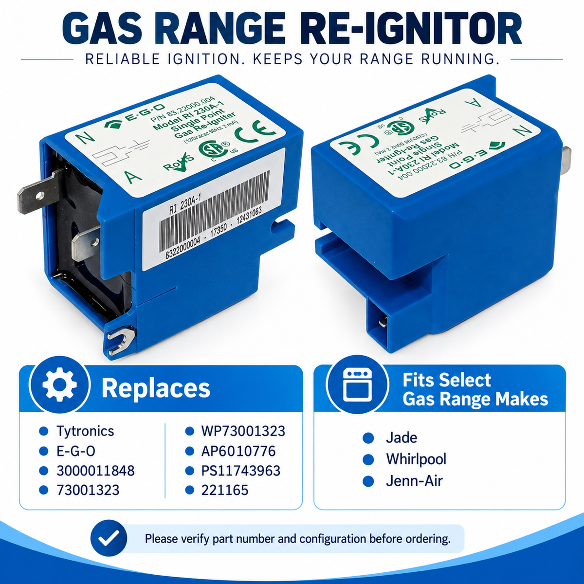 Choice Parts RI1S230 Range Oven Gas Re-Ignitor – 230V Single Point RI230A-1