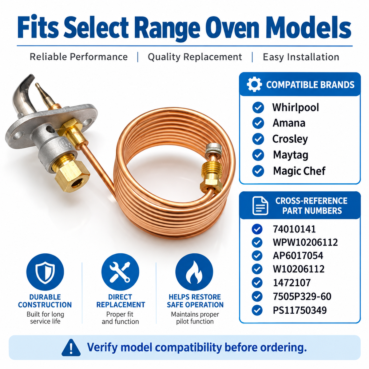 Exact Replacement 74010141 Range Oven Pilot Burner with Thermocouple – WPW10206112